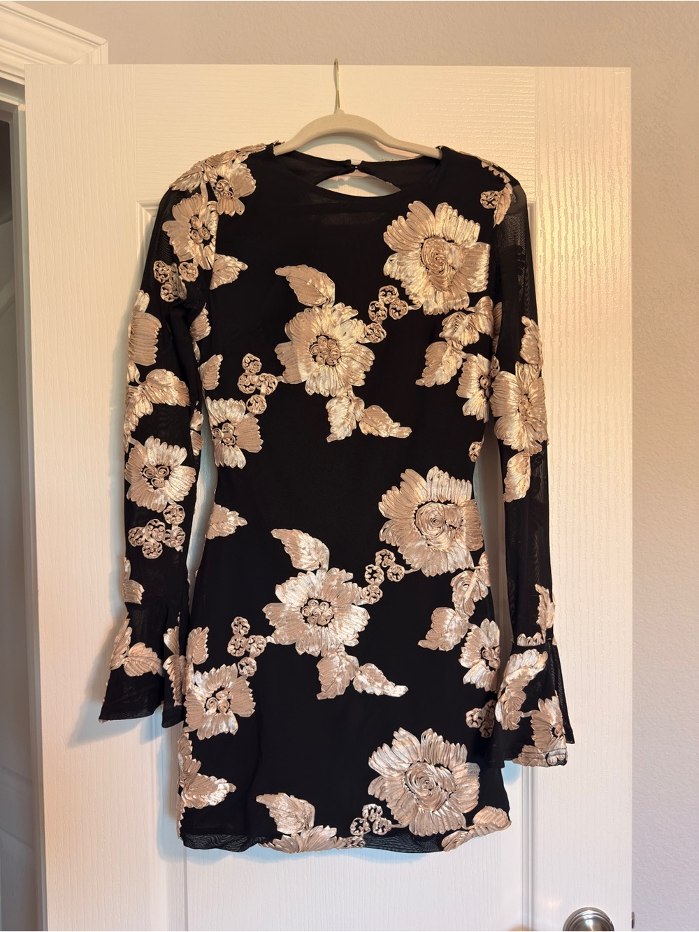 Black Long-Sleeve Mini Dress with Gold Floral Embroidery